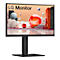 Ein schwarzer LG-Monitor mit Standfuß vor weißem Hintergrund, das Display zeigt eine abstrakte Komposition.