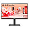 LG QHD Monitor mit schwarzem Rahmen und Standfuß. Der Bildschirm zeigt eine abstrakte, farbenfrohe Grafik.