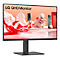Ein schwarzer LG QHD Monitor mit Standfuß, vor einem abstraktem Hintergrund. Oben links: LG QHD Monitor.