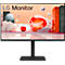 Schwarzer LG Monitor mit schwarzem Ständer. Auf dem Bildschirm ist eine bunte, abstrakte Darstellung zu sehen.