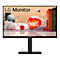 Schwarzer LG Monitor von hinten, auf einem weißen Hintergrund. Die Halterung steht auf einer rechteckigen Basis.