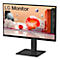 Schwarzer LG Monitor mit minimalistischem Design. Auf dem Display eine abstrakte Szene mit Kugeln und Blöcken. Oben steht LG Monitor.