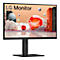Rückansicht eines schwarzen LG Monitors. Das LG-Logo ist oben mittig zu sehen. Der Bildschirm steht auf einem quadratischen Standfuß.