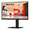 Ein schwarzer LG-Monitor mit Standfuß, vor weißem Hintergrund. Auf dem Bildschirm eine abstrakte Grafik mit Kugeln.