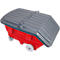 Red waste container with grey lid on wheels.