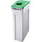 White trash can with a green lid. There is a round opening at the top.