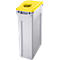Grey trash can with yellow lid and round hole. The inside is visible.