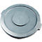 Grey, round lid with raised handles and lettering. Two concentric circles.