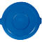 Blue round lid with three concentric circles, the middle circle is smaller. Side handles attached.