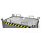 Grey metal box with lid and yellow and black stripes. Handles and locks are on the lid.
