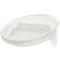 Transparent plastic lid with built-in comb. The shape is oval, with a spout. Detailed shot.