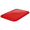 A red, rectangular object with beveled edges and a raised, pyramidal surface.