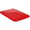 Red, rectangular plastic part with slightly rounded corners and a raised central section.