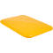 Yellow, rectangular plastic part with rounded edges. It lies on a white surface.