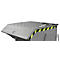 Gray metal container, lid open. Yellow and black stripes as a warning.