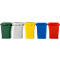 Five different colored trash cans stand side by side: green, white, yellow, blue and red.
