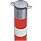 Vertical bollard, red and white striped, with silver cap and two handle loops.