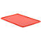 Rectangular, red lid, slightly raised at the edges, for a storage box.