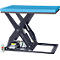 A black hydraulic scissor lift table with a light blue work surface and a black metal construction.