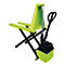 Green electric high lift truck, side view. The truck has a black chassis, a green fork and a handle.