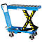 Blue lifting cart with rollers. 'HanseLifter' written on it. Yellow and black warning stripes on the scissor construction.