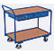 Blue service trolley with two levels and drawers. Wood-colored surfaces, blue frames, on castors.