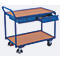 Blue serving cart with wooden shelves, two drawers with keys, and four wheels.