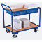 Blue workshop cart with wooden shelves, drawers, and castors. Shelves above and below, loaded with paper. Lockable drawers.