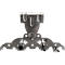 Metal part with curved arms and gear-like structures. Equipped with screws and holes in the middle.