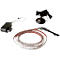 Various parts of an LED strip: power supply, foot switch, strip with LEDs.
