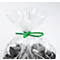 A transparent plastic bag, closed with a green cord closure. The bag contains dark objects that are not further identifiable.