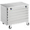Silver transport box on wheels with lid and folding latches.