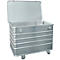 A silver transport box with an open lid on wheels.