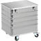 Silver transport box with lid and wheels. Two locks secure the lid. The body is ribbed.