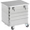 Silver transport box with lid and wheels.