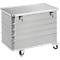 Gray aluminum transport box on wheels with lid and two locks.