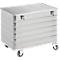 Silver metal transport box with lid, rollers and fasteners.