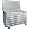 A large silver aluminum box with an open lid. The box has wheels and is corrugated.