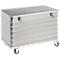 Silver transport box with lid and castors. The box has ribbed sides and two locks.