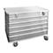 Silver metal transport box with wheels and lid. Two snap closures and a horizontal groove structure.
