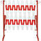 Expandable red and white striped barrier. Mounted on a red metal frame, for securing areas.