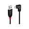 Câble USB noir avec connecteur rouge et logo LINDY. Connecteur micro-USB à droite. Le connecteur de droite est coudé.