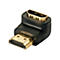 Ein schwarzer, abgewinkelter HDMI-Adapter mit goldenen Steckern. Der Stecker ist auf weißem Hintergrund abgebildet.