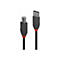 Schwarzes USB-Kabel mit roten Akzenten und LINDY-Logo. USB-A- und USB-B-Stecker.