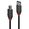 Schwarzes USB-Kabel mit roten Akzenten. Ein Stecker hat einen USB-B-Anschluss, der andere einen USB-A-Anschluss. Marke: LINDY.