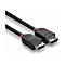 Un câble DisplayPort Lindy noir avec des accents rouges. Les deux connecteurs sont visibles, l'un est à moitié dans l'image.