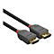 Un câble DisplayPort LINDY noir avec des connecteurs gris, des accents rouges et des connecteurs plaqués or.