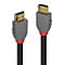 Deux câbles HDMI côte à côte : têtes grises avec connecteurs dorés, anneaux rouges, câbles noirs. Lettrage Lindy et HDMI.