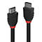 Deux câbles HDMI noirs avec des accents rouges. "LINDY" et "HDMI" sont inscrits sur les fiches.