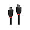 Deux câbles HDMI avec des connecteurs noirs, des accents rouges et des câbles noirs. Un câble est étiqueté 'LINDY'.